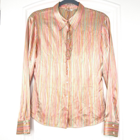 Tahari 95% silk Multicolor Striped women’s Shirt button up M - Picture 2 of 8